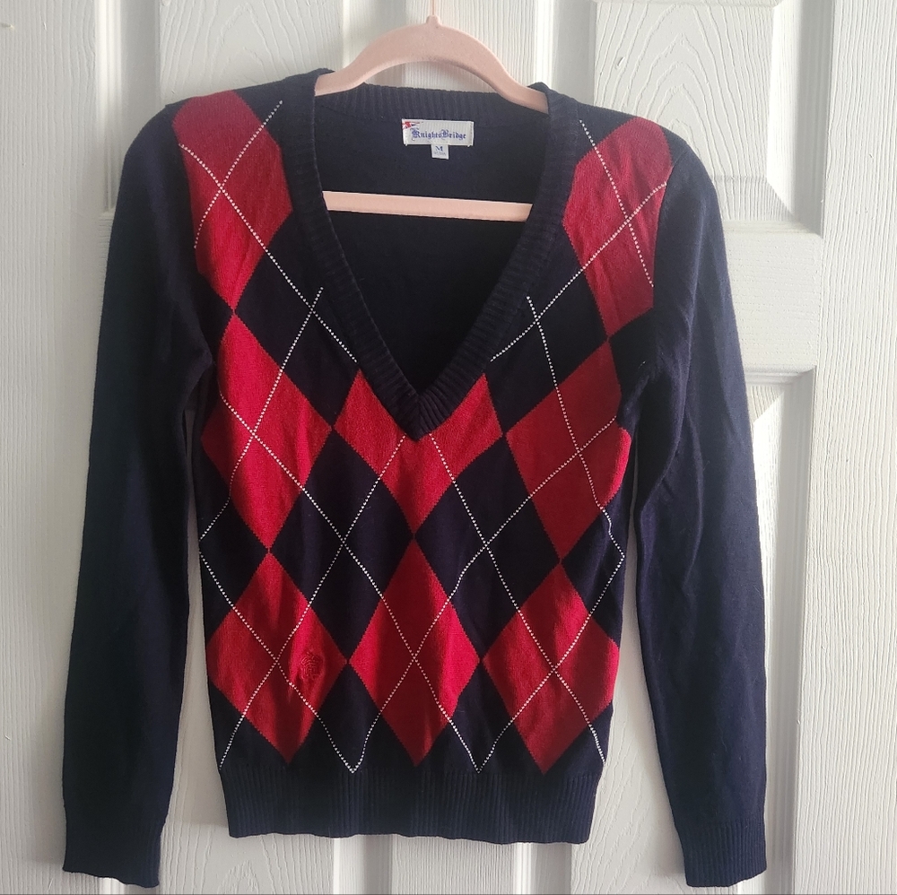 NAVY & RED Argyle V-Neck Sweater By KnightsBridge